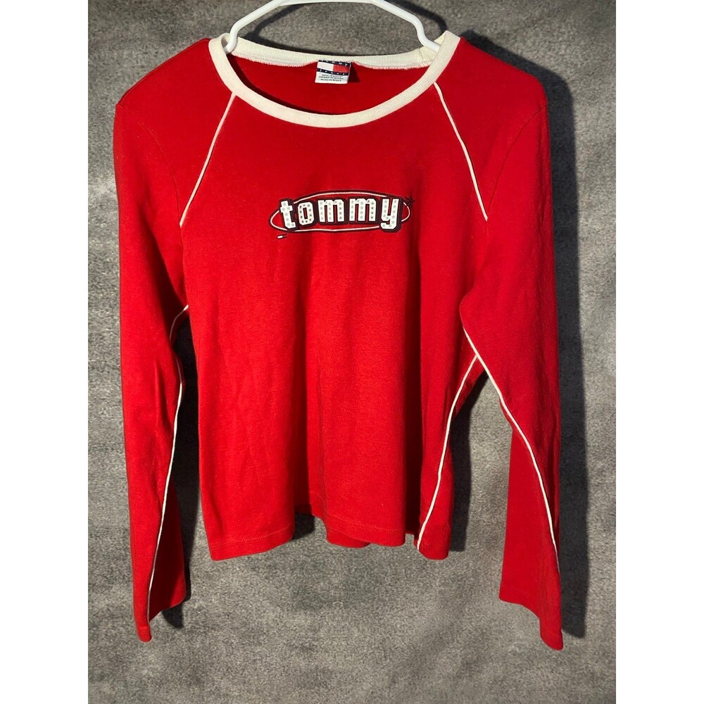 Vtg Y2K Tommy Girl Jeans Red Long Sleeve Ringer Tee Star Font Raglan Shirt XL